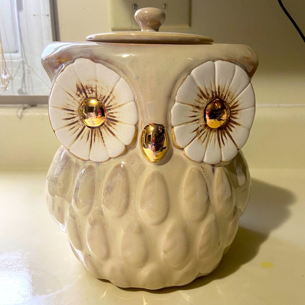 Gold Glaze Ceramic Owl Cookie Jar, Never Used